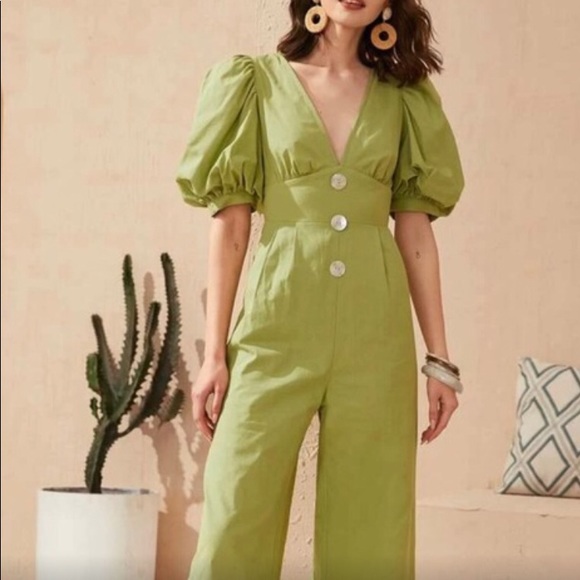 Pants - Green puff sleeve jumpsuit